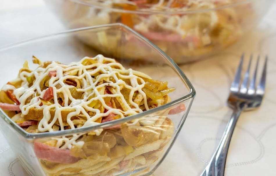 Салат с блинчиками и курицей: из яиц, рецепты с копченой, кукурузой, разбойничий